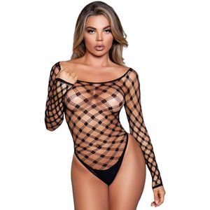 Wide Net Long Sleeve Teddy Bodysuit with Thong Back Black